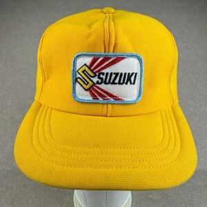 Vintage Suzuki Patch Trucker Hat Cap S-M Yellow‎ Snapback Motorcycle Made in USA